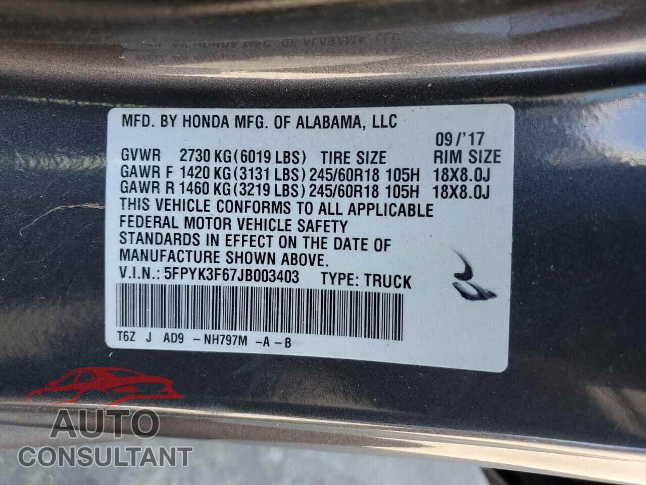 HONDA RIDGELINE 2018 - 5FPYK3F67JB003403