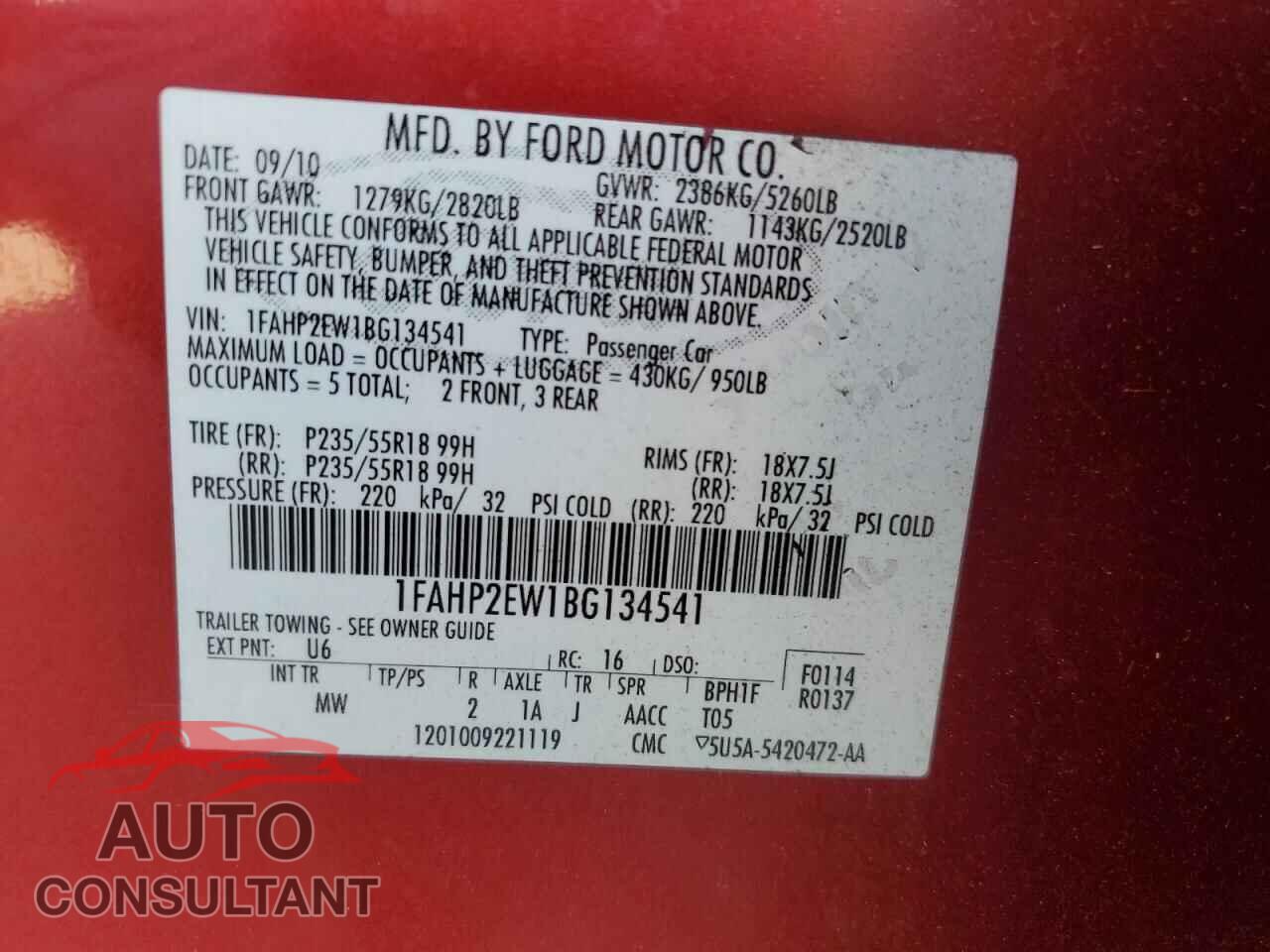 FORD TAURUS 2011 - 1FAHP2EW1BG134541