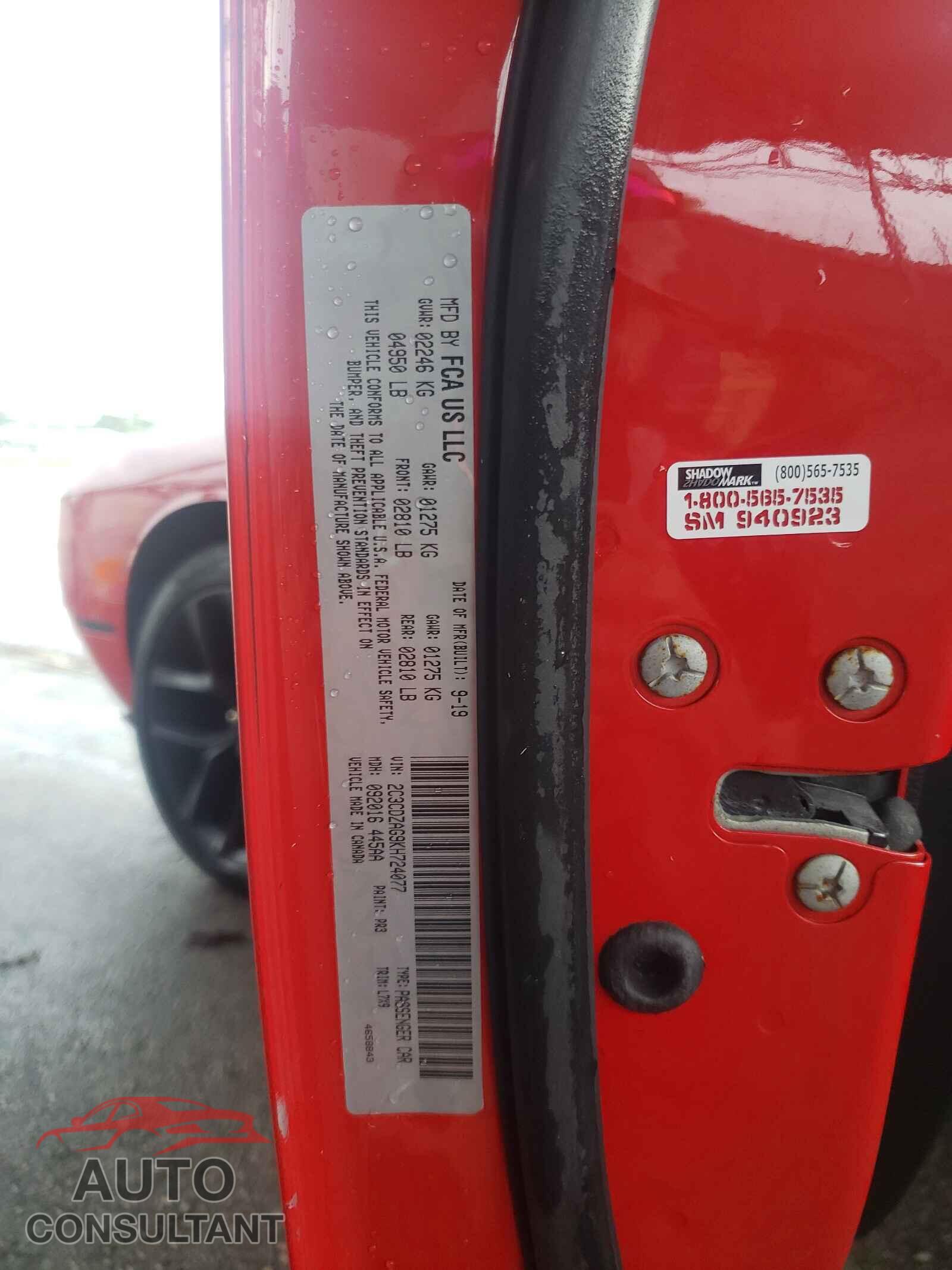 DODGE CHALLENGER 2019 - 2C3CDZAG9KH724077