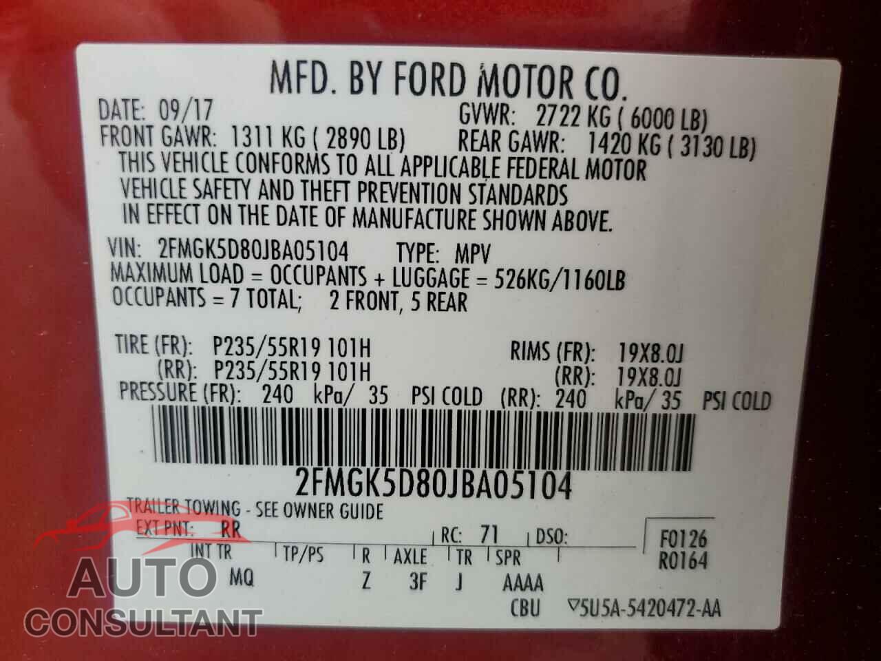 FORD FLEX 2018 - 2FMGK5D80JBA05104
