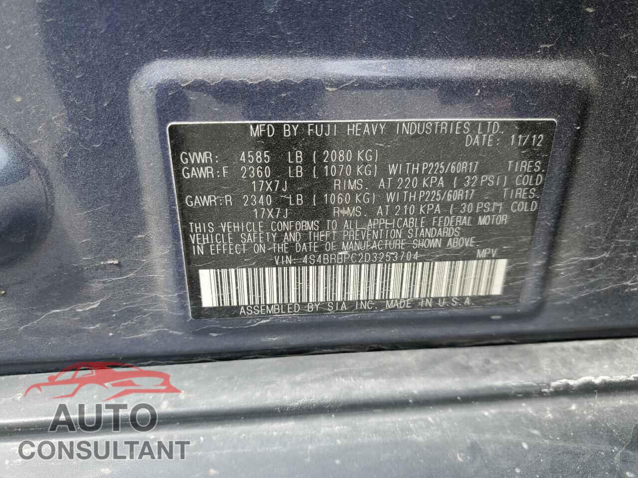SUBARU OUTBACK 2013 - 4S4BRBPC2D3253704