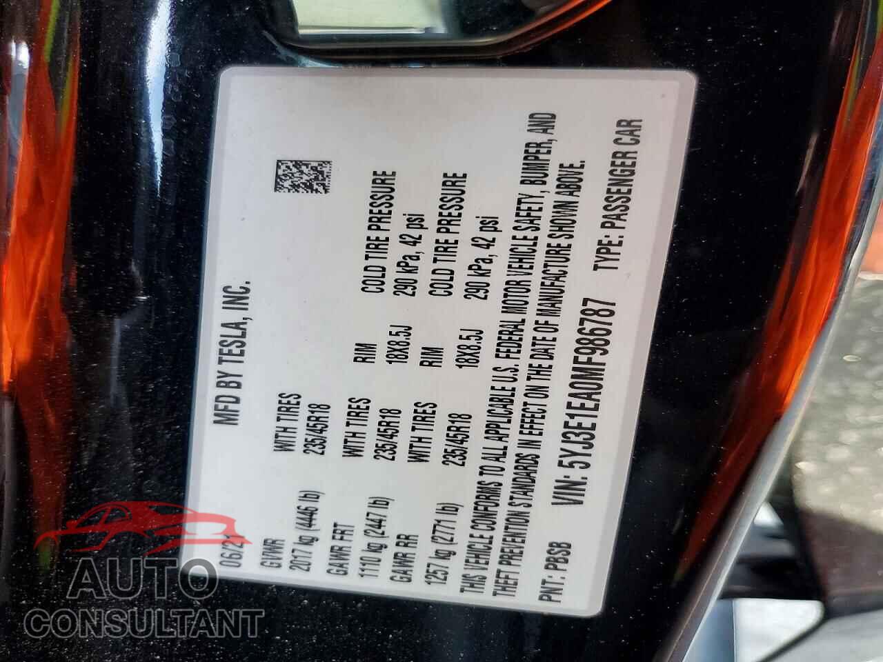 TESLA MODEL 3 2021 - 5YJ3E1EA0MF986787