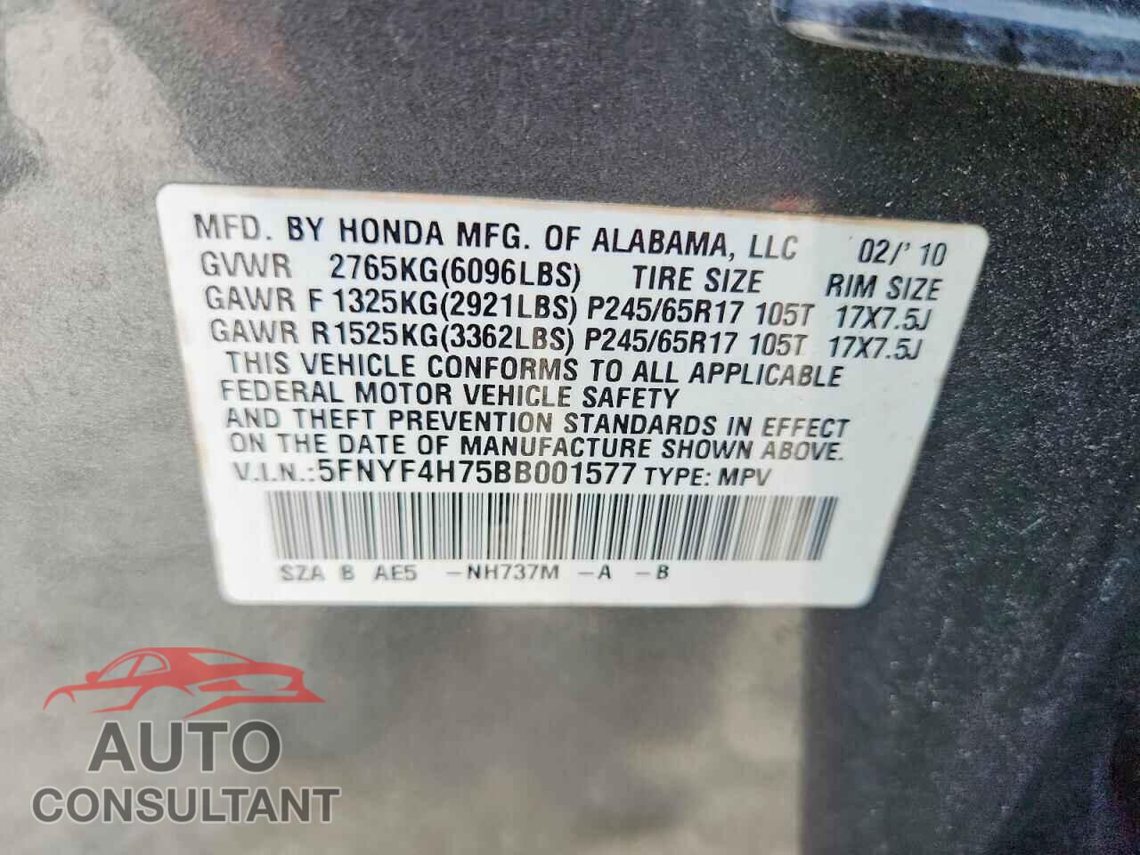 HONDA PILOT 2011 - 5FNYF4H75BB001577