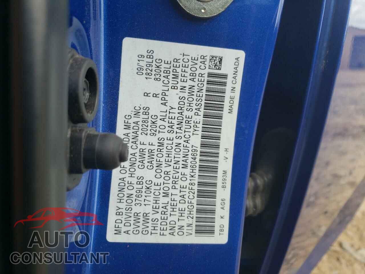 HONDA CIVIC 2019 - 2HGFC2F81KH604697
