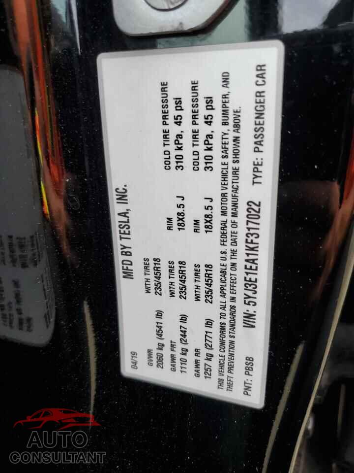 TESLA MODEL 3 2019 - 5YJ3E1EA1KF317022