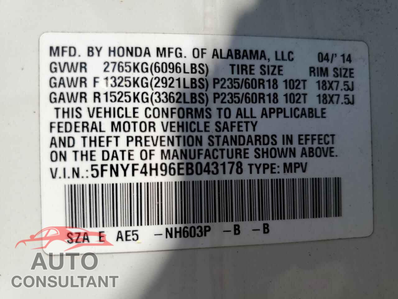 HONDA PILOT 2014 - 5FNYF4H96EB043178