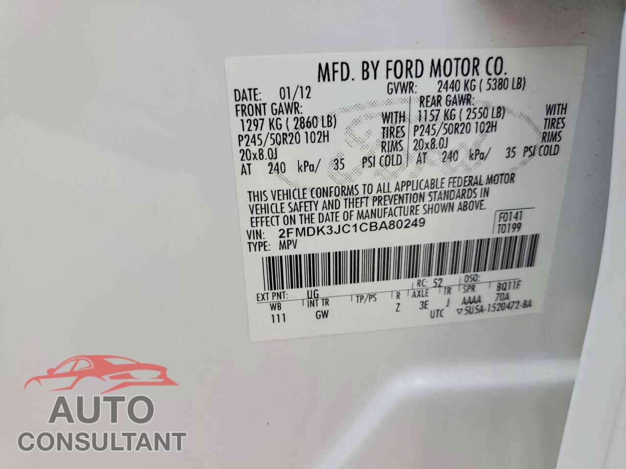 FORD EDGE 2012 - 2FMDK3JC1CBA80249