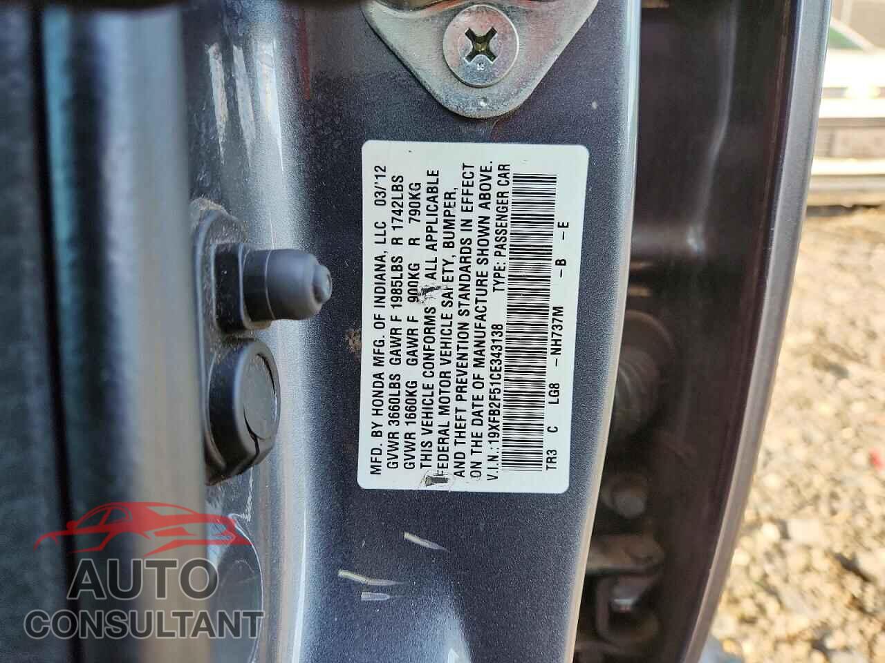 HONDA CIVIC 2012 - 19XFB2F51CE343138