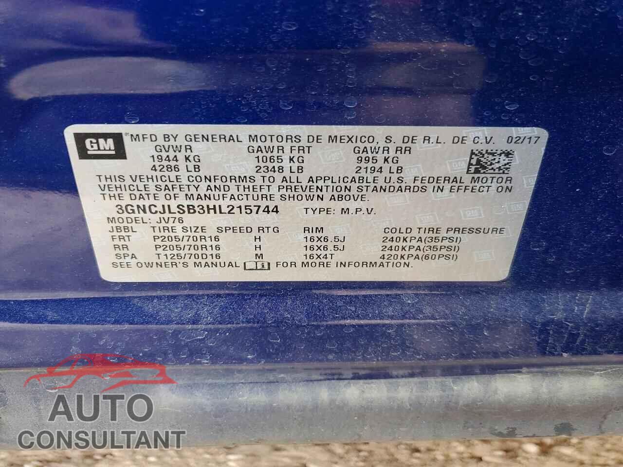CHEVROLET TRAX 2017 - 3GNCJLSB3HL215744