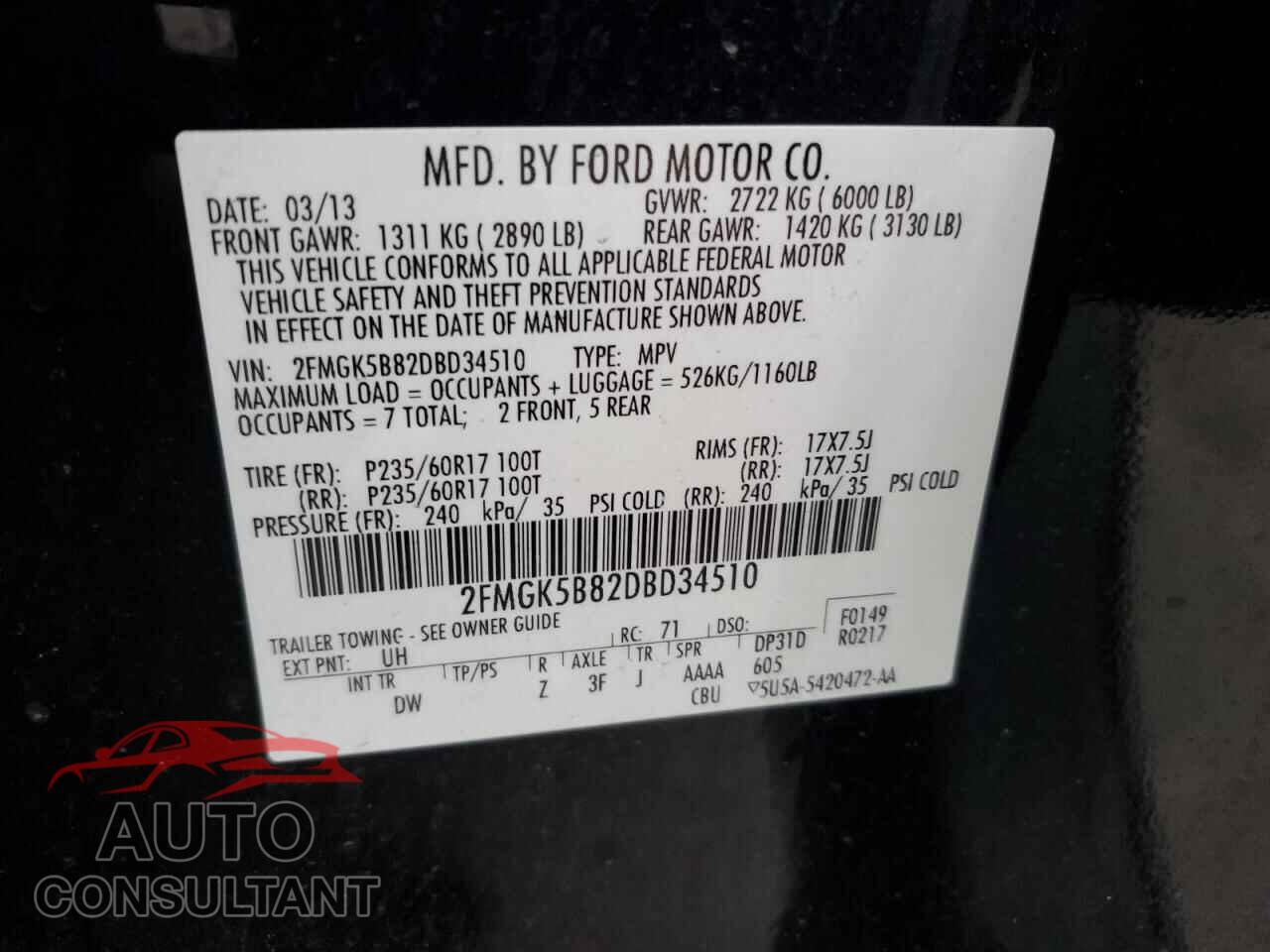 FORD FLEX 2013 - 2FMGK5B82DBD34510