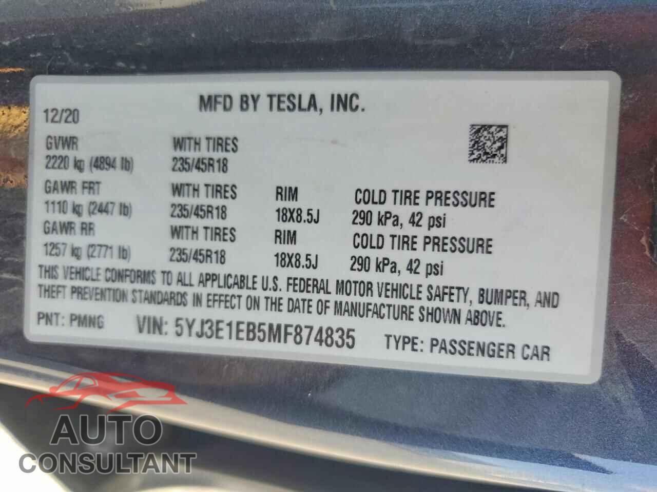 TESLA MODEL 3 2021 - 5YJ3E1EB5MF874835