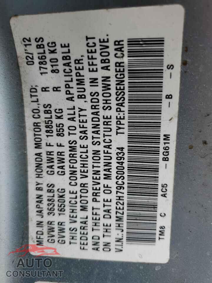 HONDA INSIGHT 2012 - JHMZE2H79CS004934