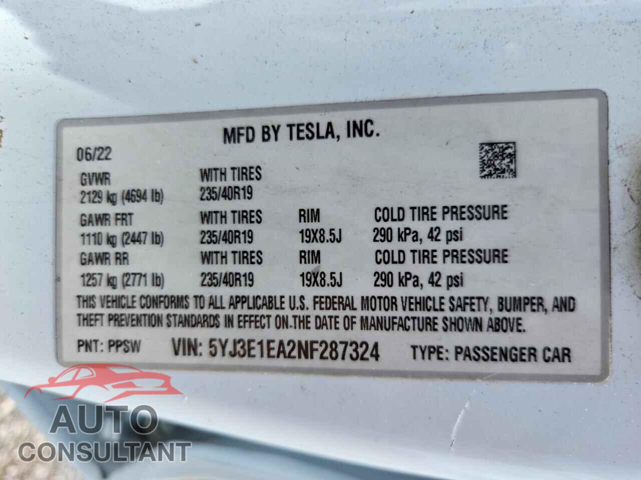 TESLA MODEL 3 2022 - 5YJ3E1EA2NF287324