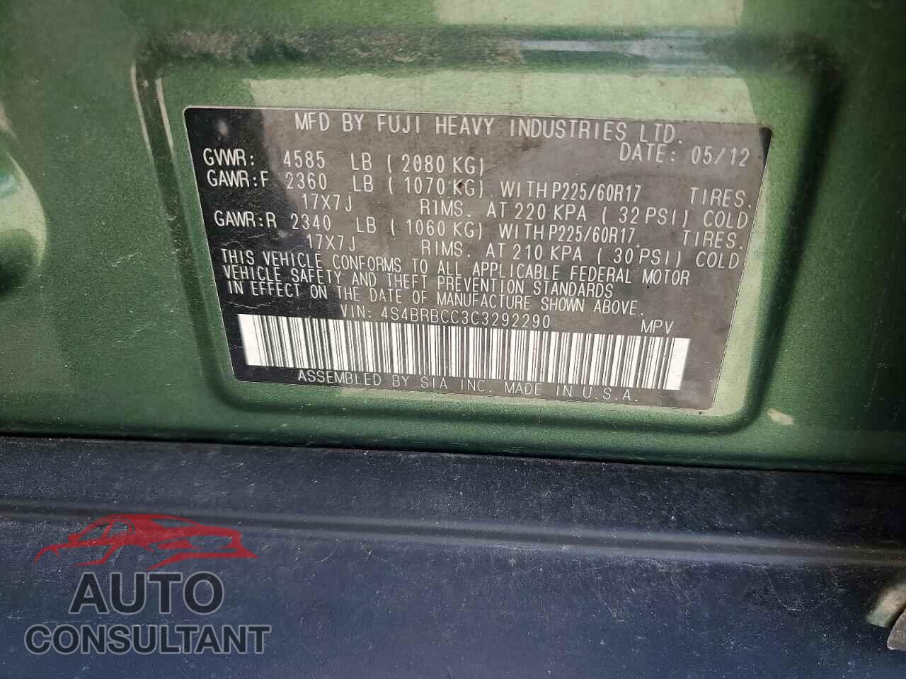 SUBARU OUTBACK 2012 - 4S4BRBCC3C3292290