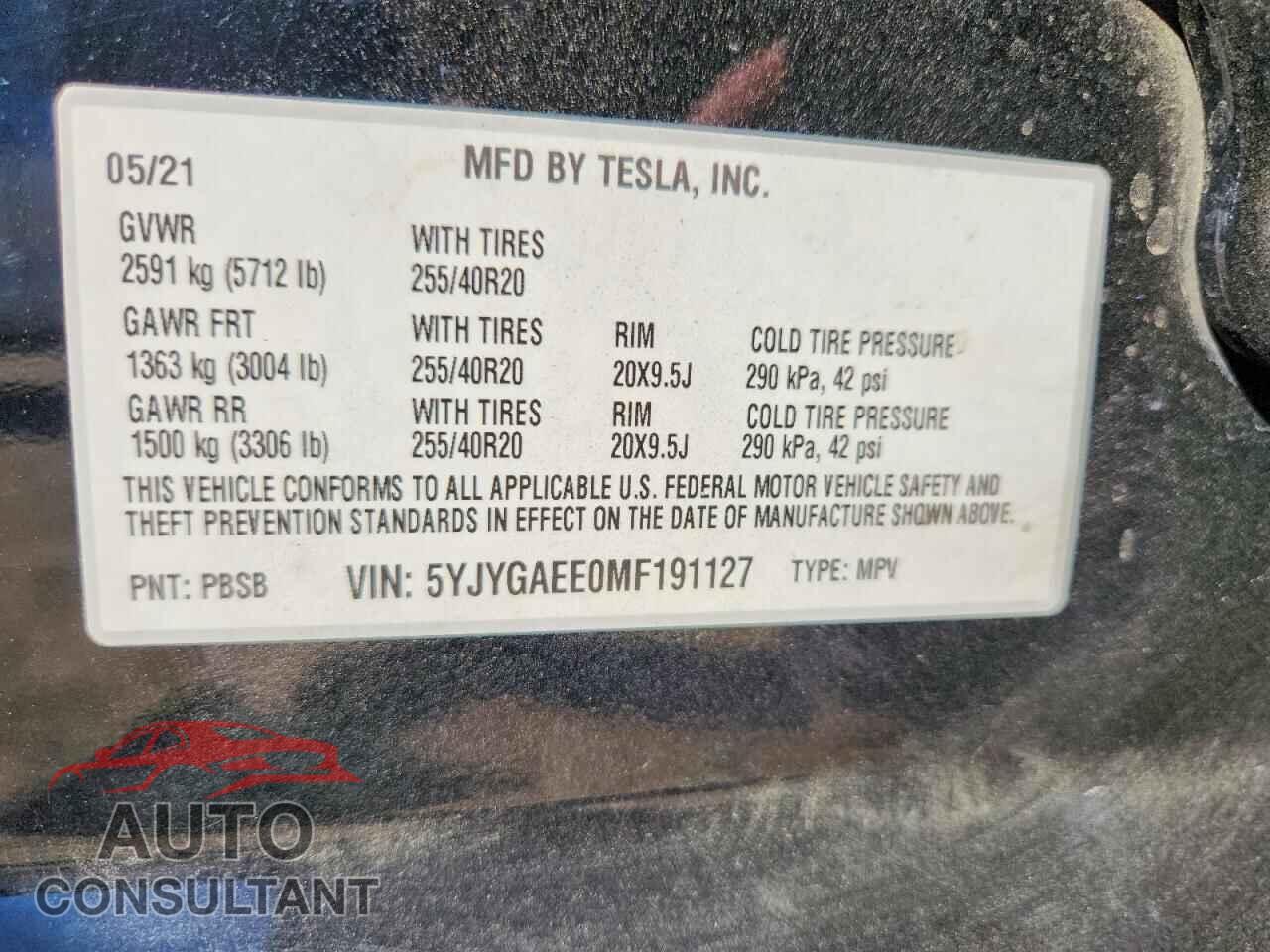 TESLA MODEL Y 2021 - 5YJYGAEE0MF191127