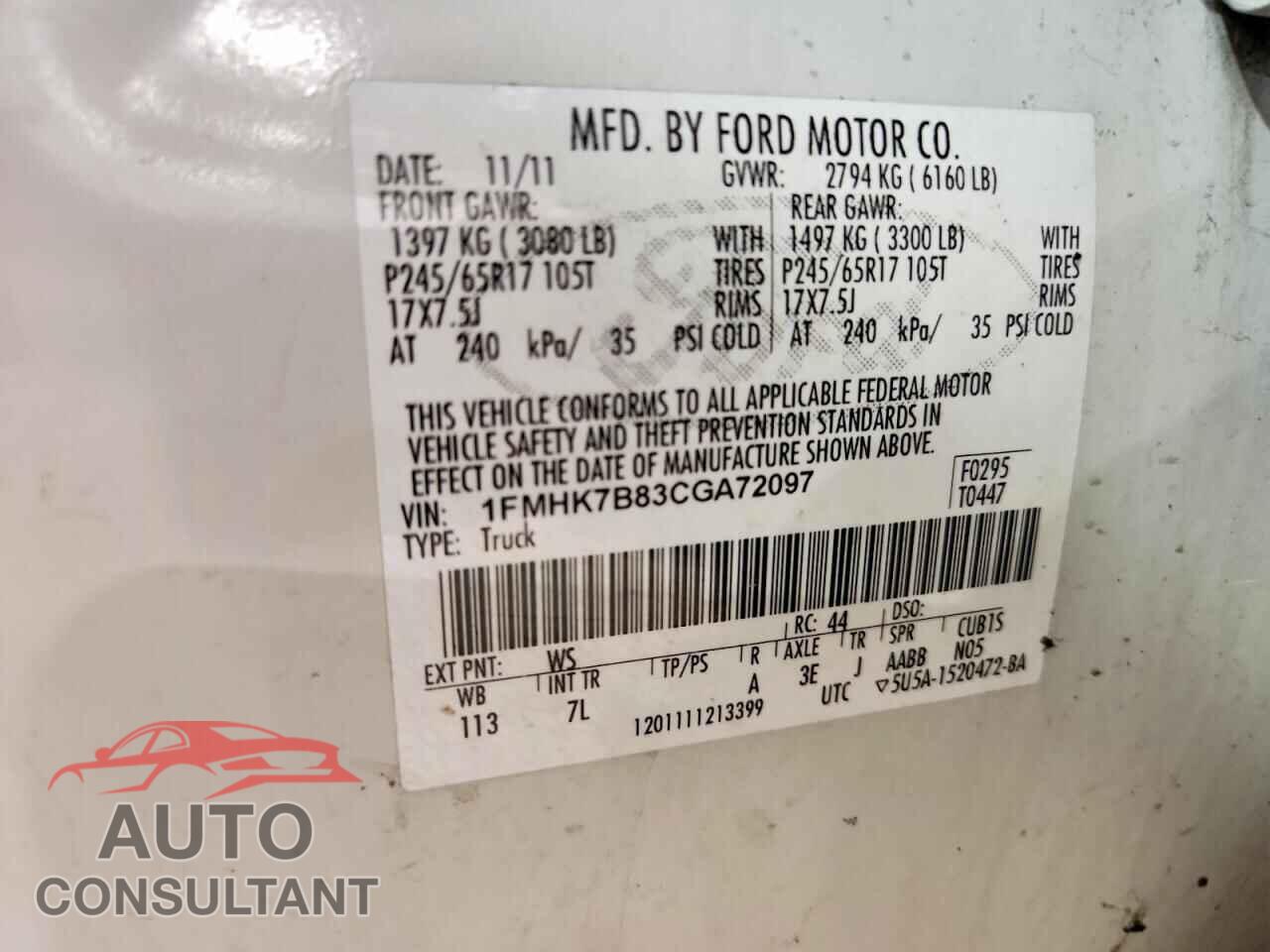 FORD EXPLORER 2012 - 1FMHK7B83CGA72097
