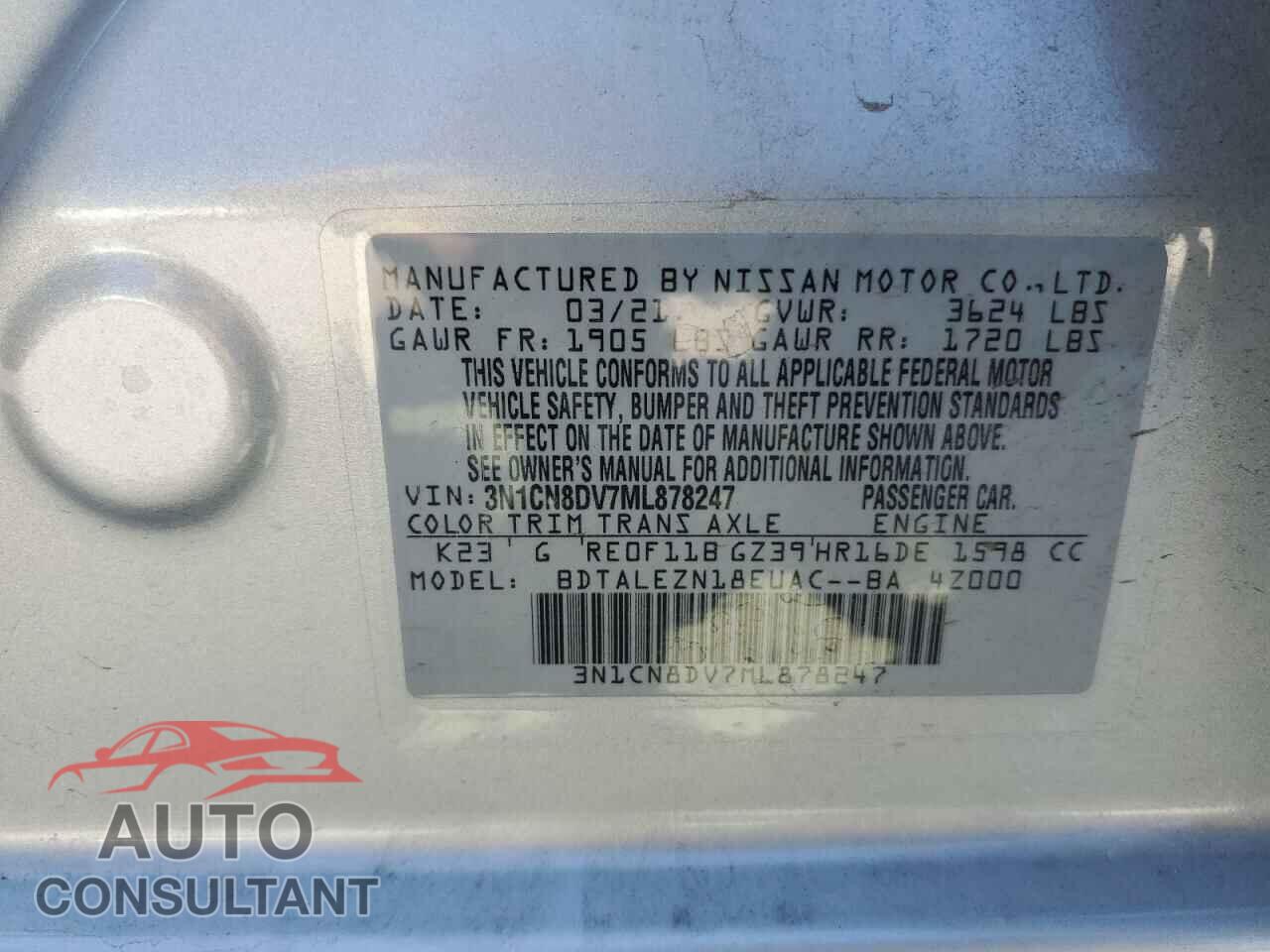 NISSAN VERSA 2021 - 3N1CN8DV7ML878247