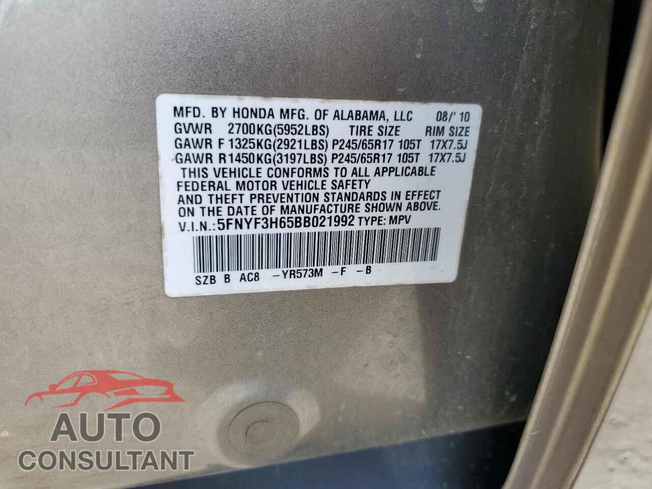 HONDA PILOT 2011 - 5FNYF3H65BB021992