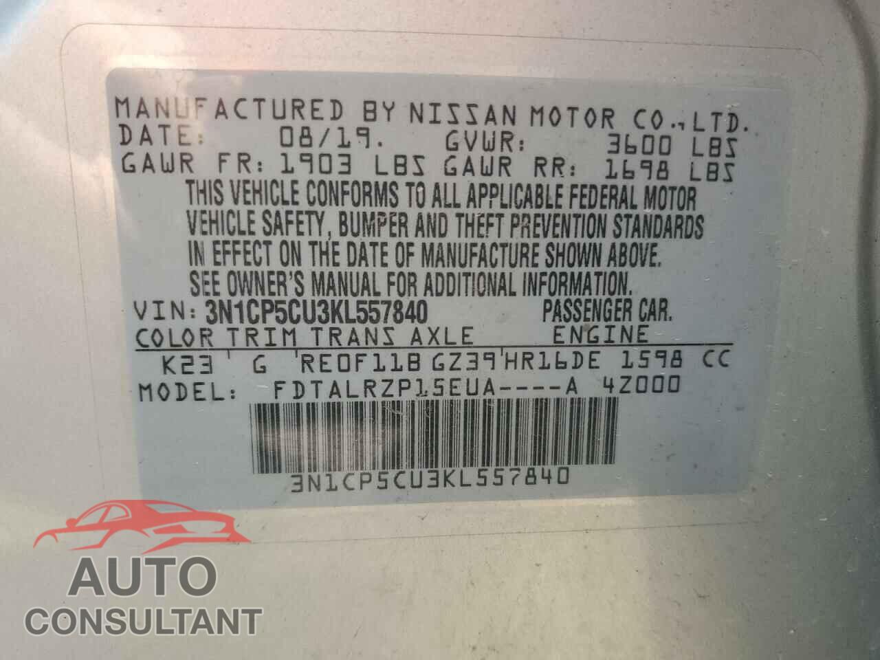 NISSAN KICKS 2019 - 3N1CP5CU3KL557840