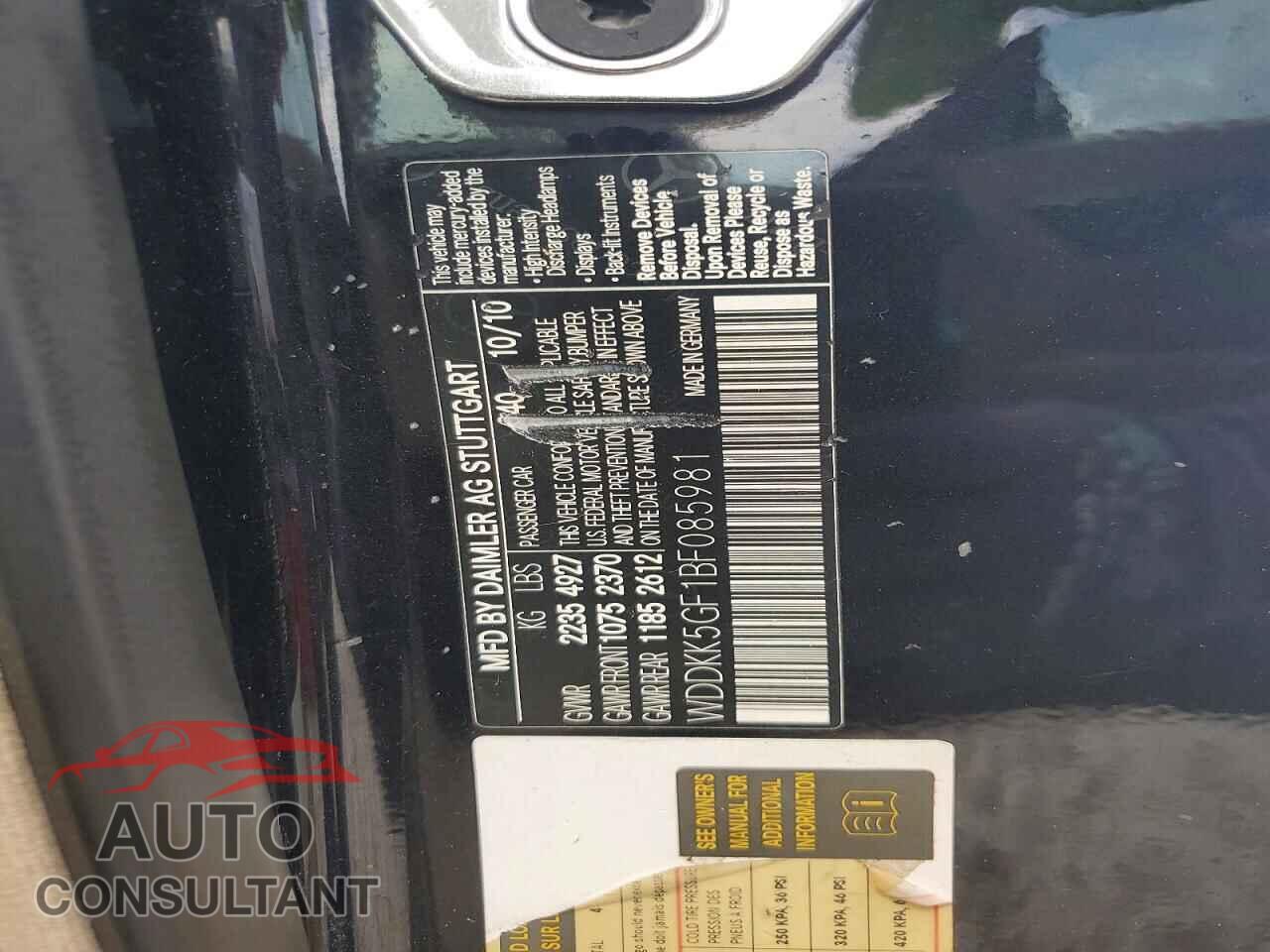 MERCEDES-BENZ E-CLASS 2011 - WDDKK5GF1BF085981
