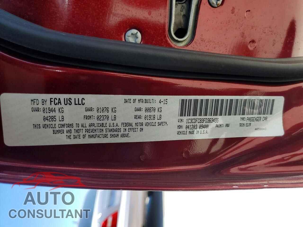 DODGE DART 2015 - 1C3CDFCB3FD363495