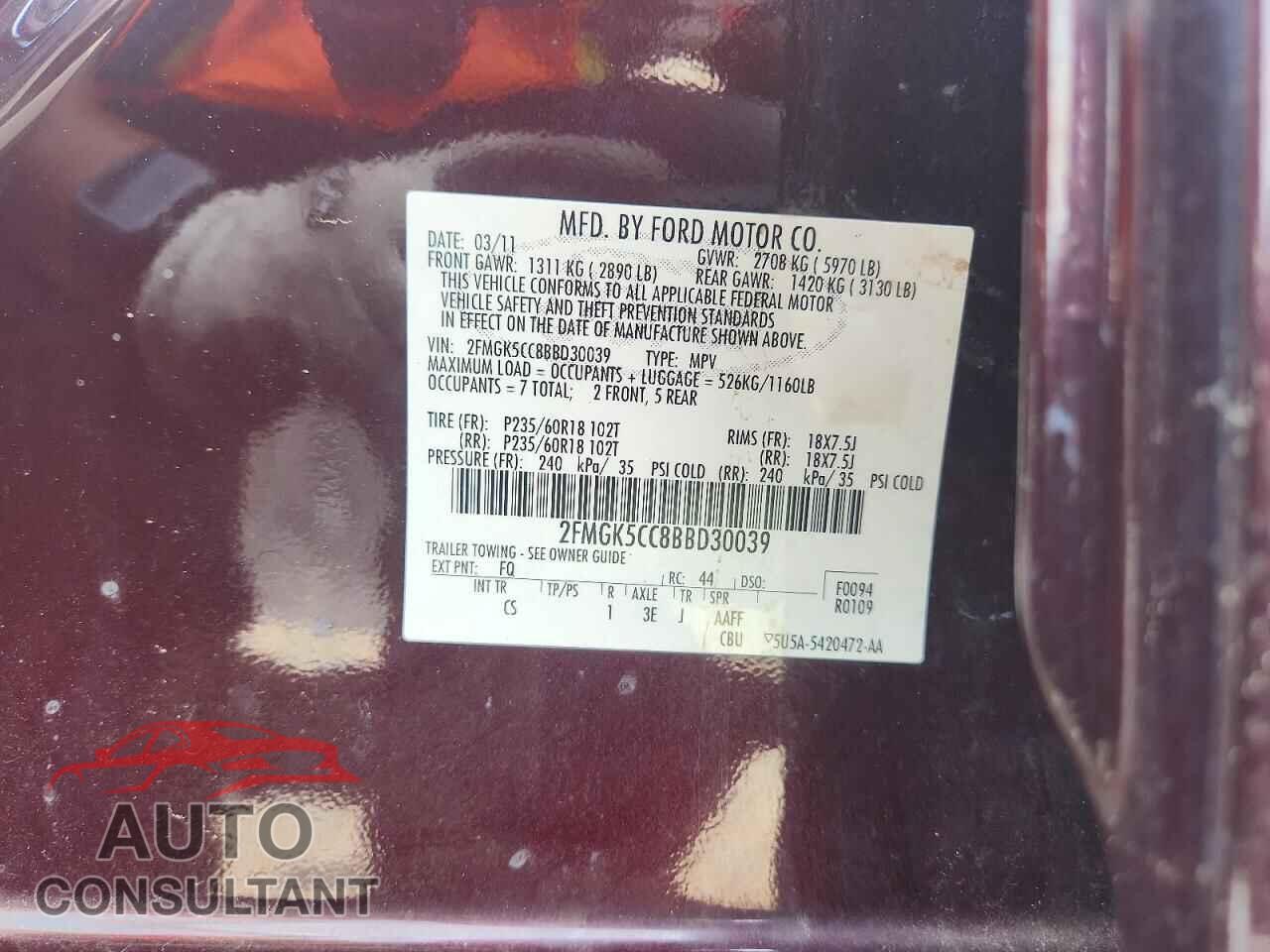 FORD FLEX 2011 - 2FMGK5CC8BBD30039