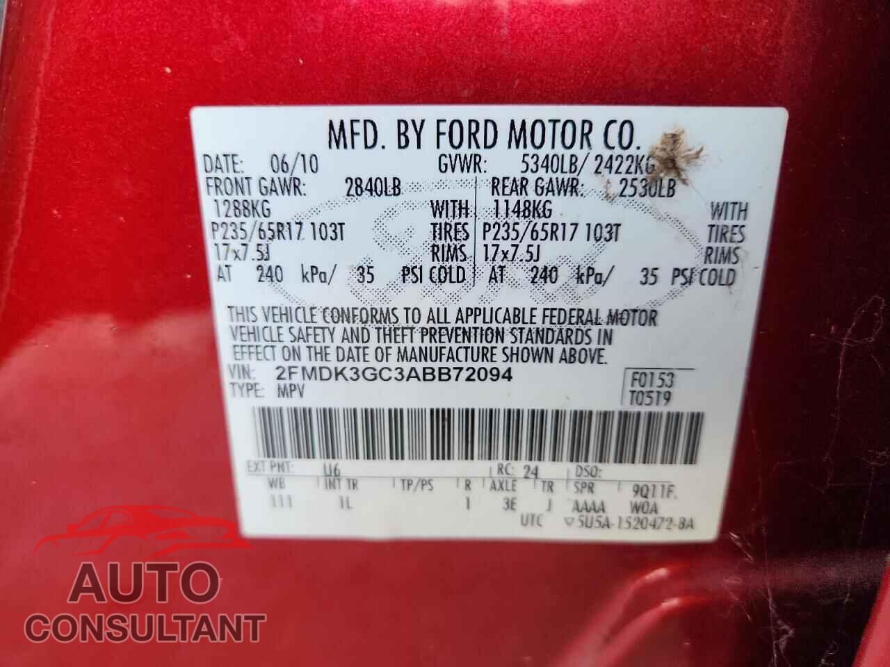 FORD EDGE 2010 - 2FMDK3GC3ABB72094