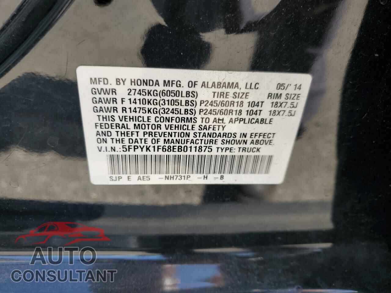 HONDA RIDGELINE 2014 - 5FPYK1F68EB011875