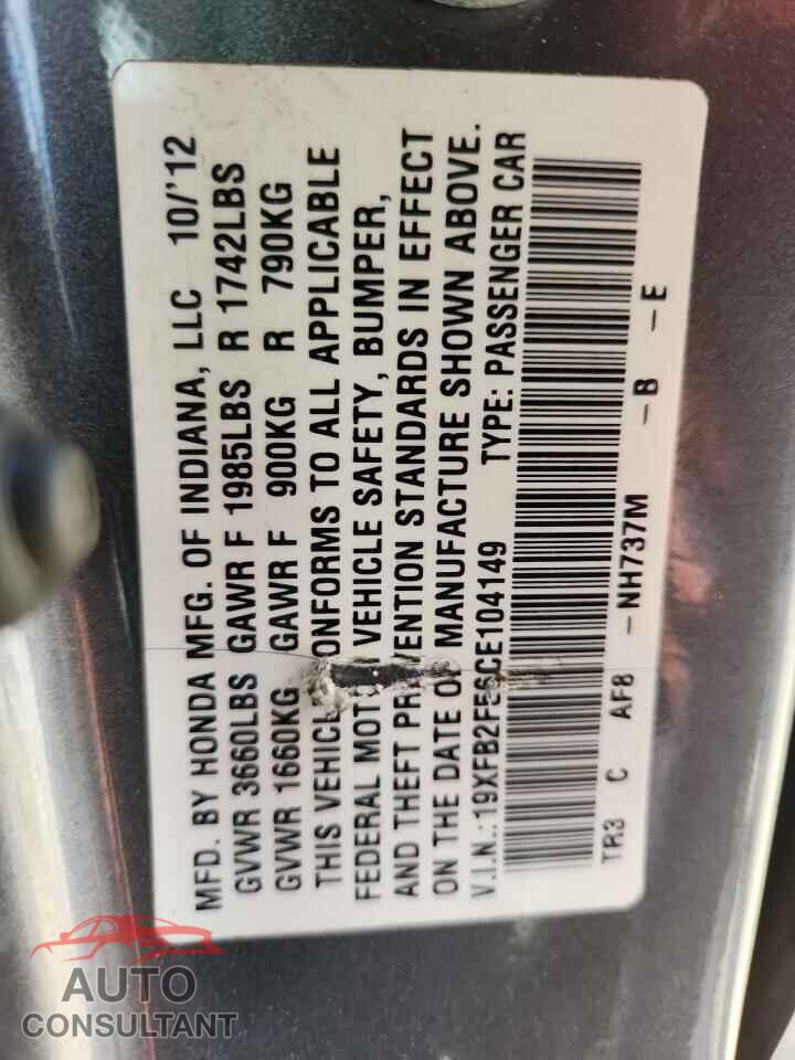 HONDA CIVIC 2012 - 19XFB2F56CE104149
