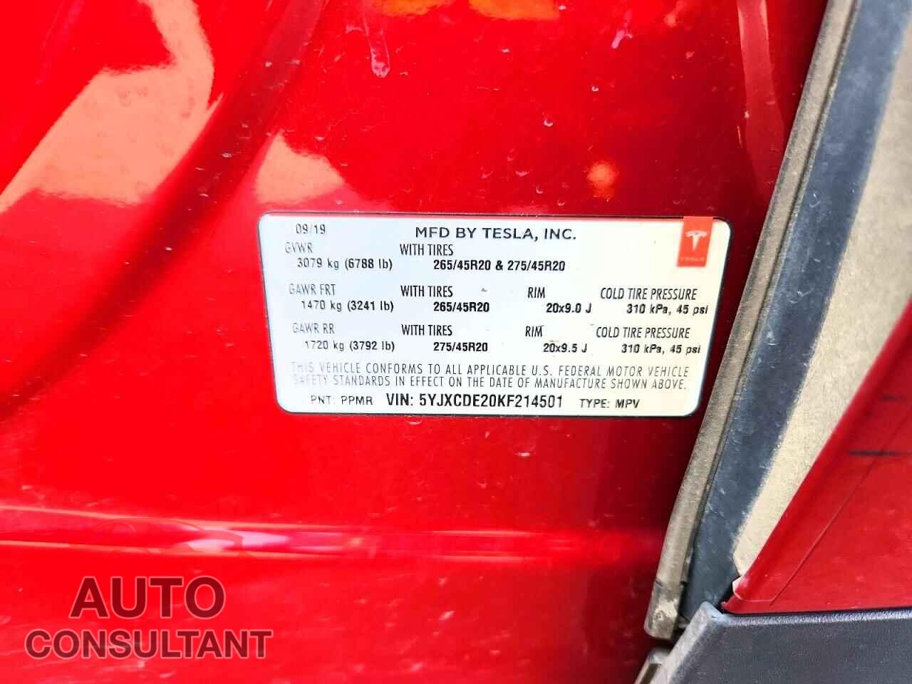 TESLA MODEL X 2019 - 5YJXCDE20KF214501
