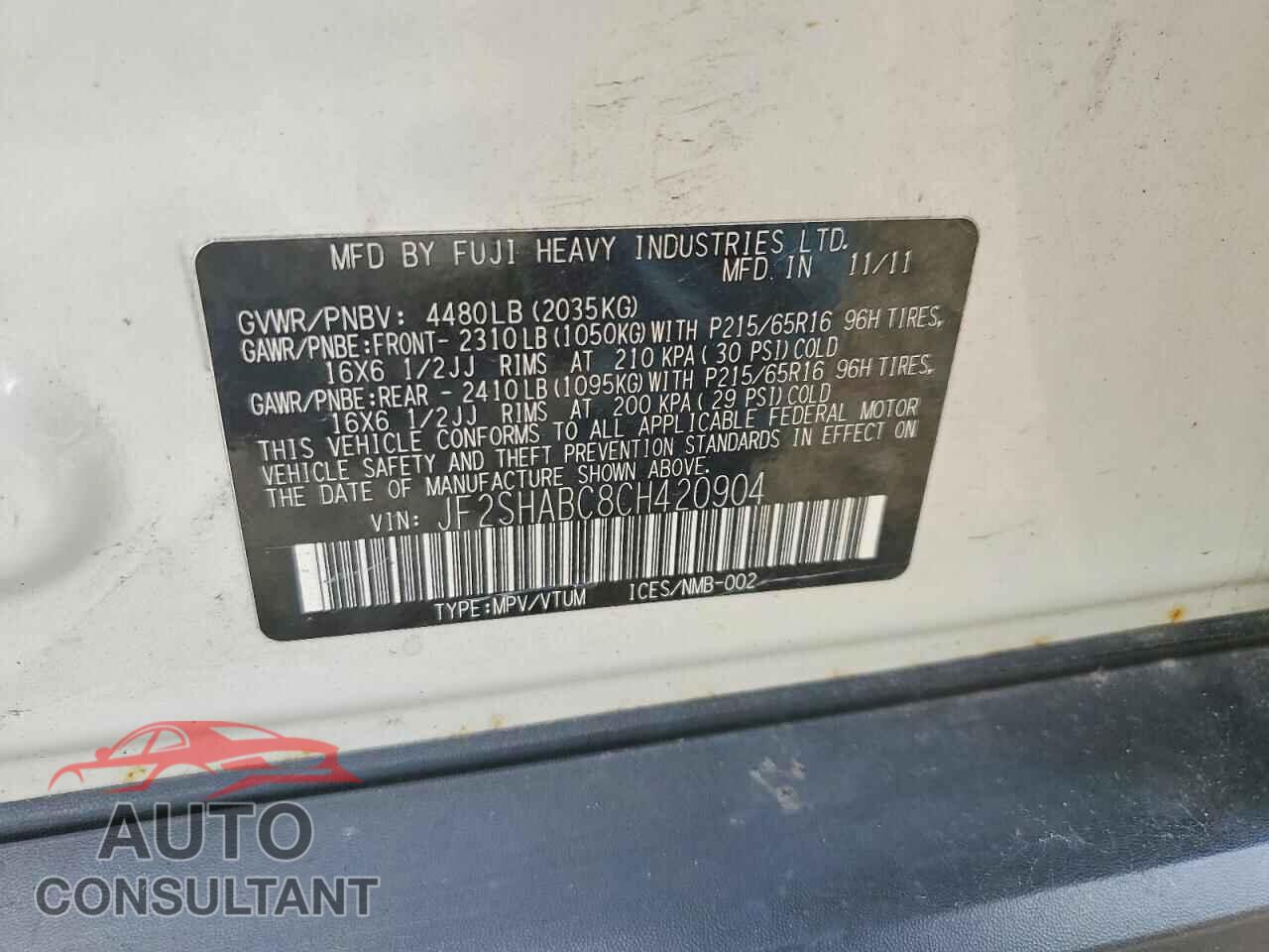 SUBARU FORESTER 2012 - JF2SHABC8CH420904