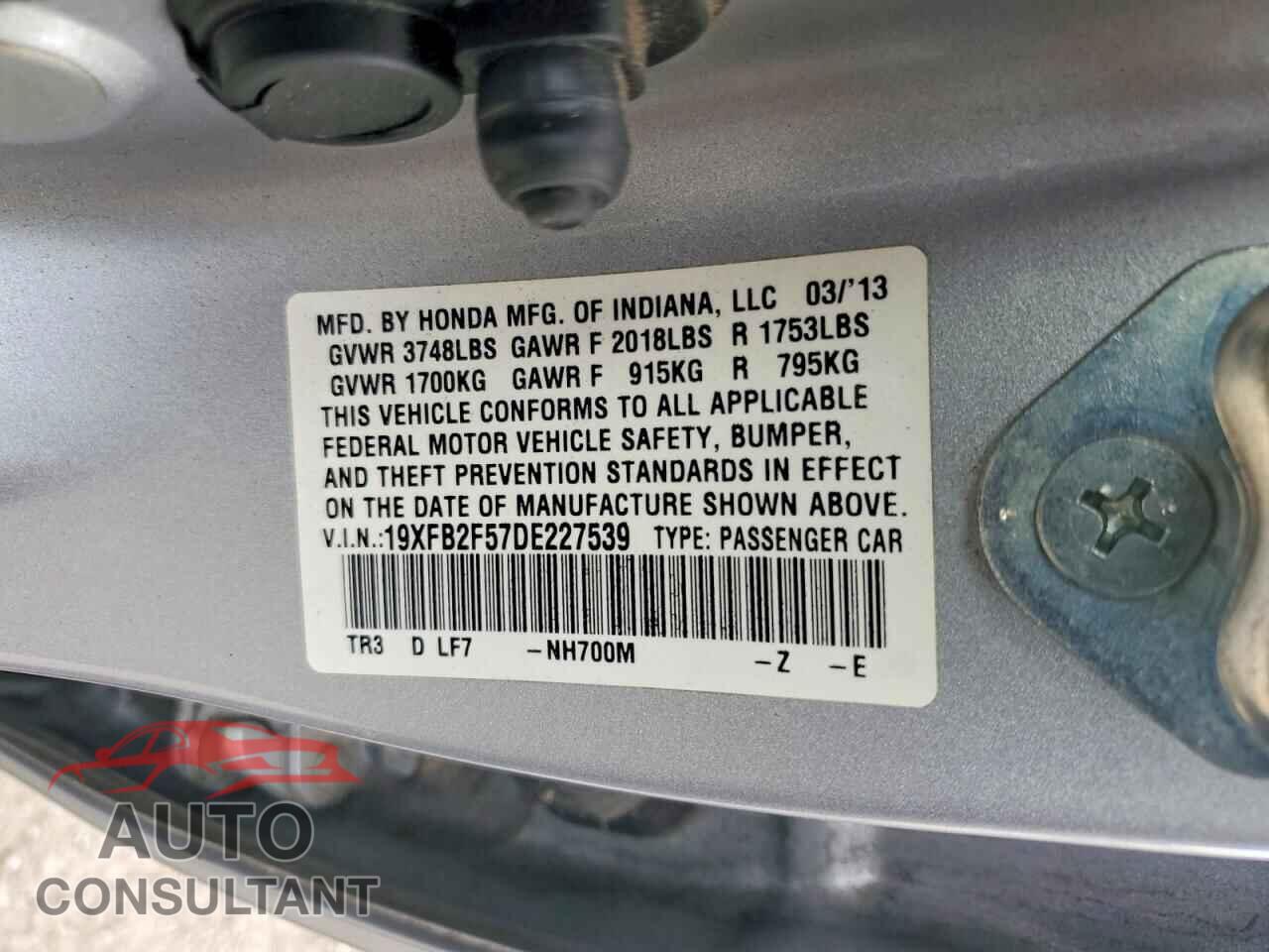 HONDA CIVIC 2013 - 19XFB2F57DE227539