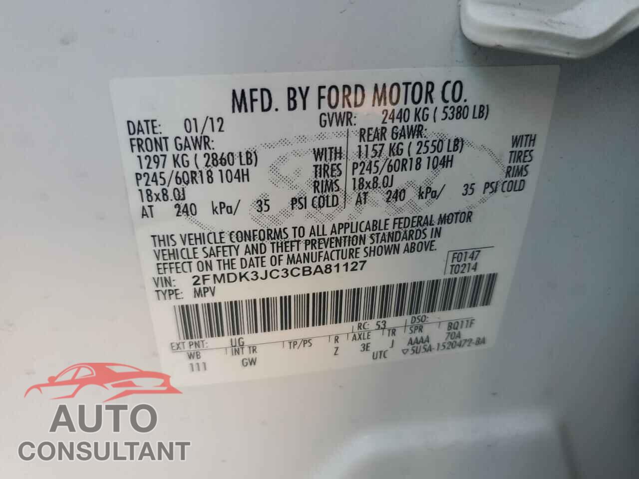 FORD EDGE 2012 - 2FMDK3JC3CBA81127
