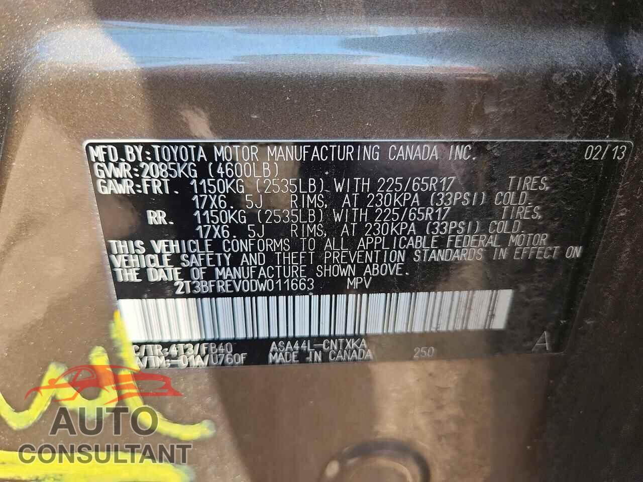 TOYOTA RAV4 2013 - 2T3BFREV0DW011663