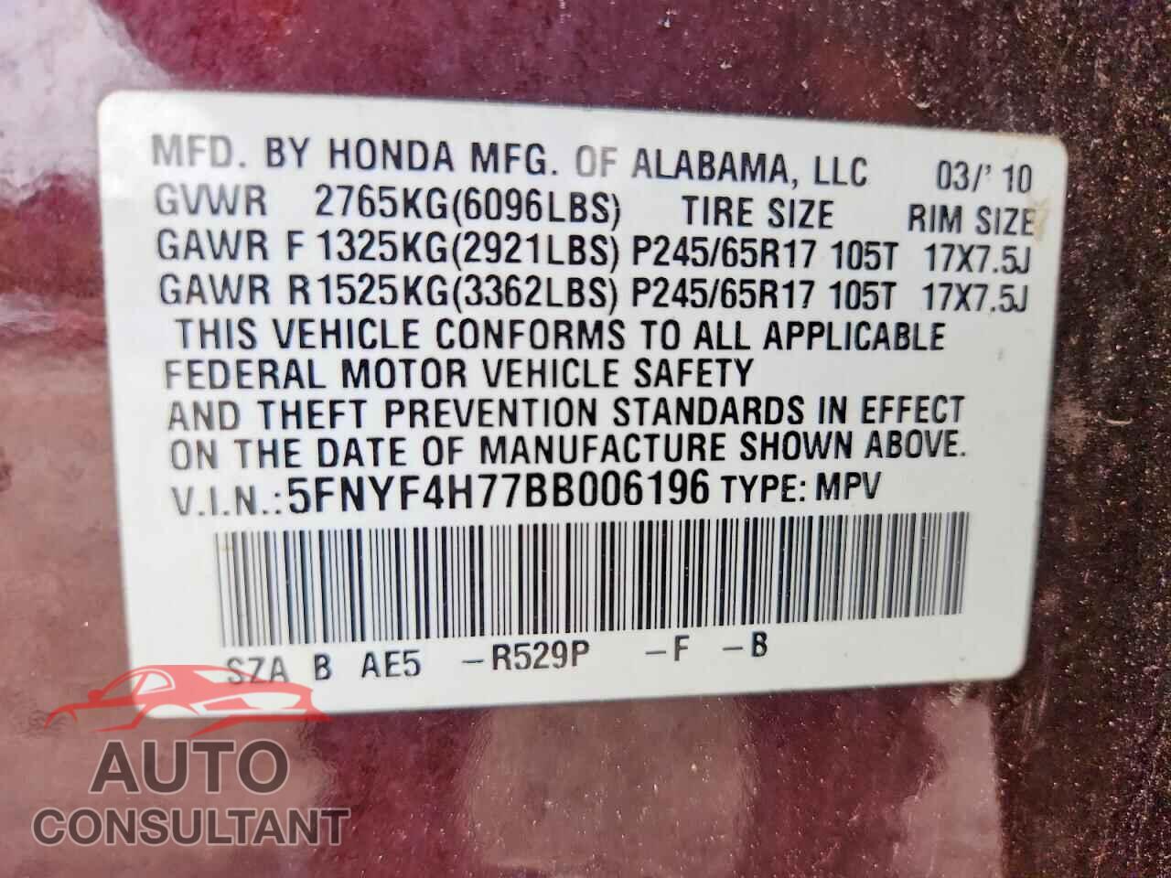 HONDA PILOT 2011 - 5FNYF4H77BB006196