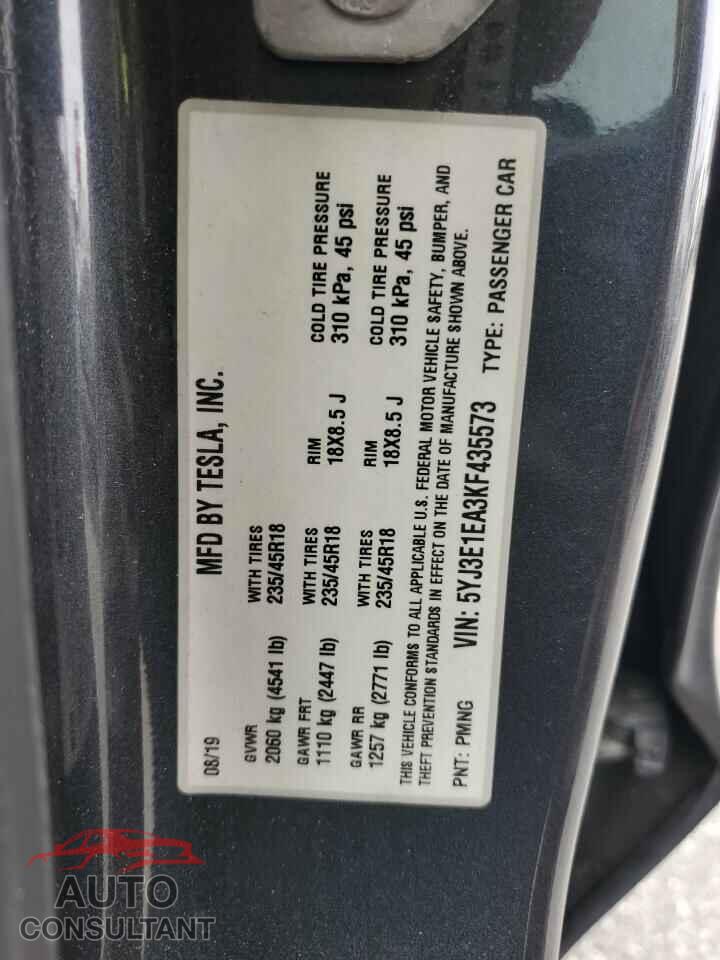TESLA MODEL 3 2019 - 5YJ3E1EA3KF435573