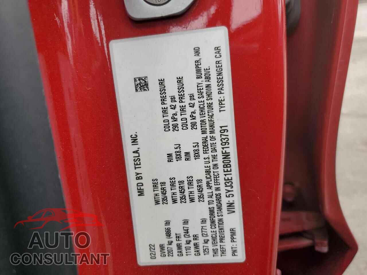 TESLA MODEL 3 2022 - 5YJ3E1EB0NF193791