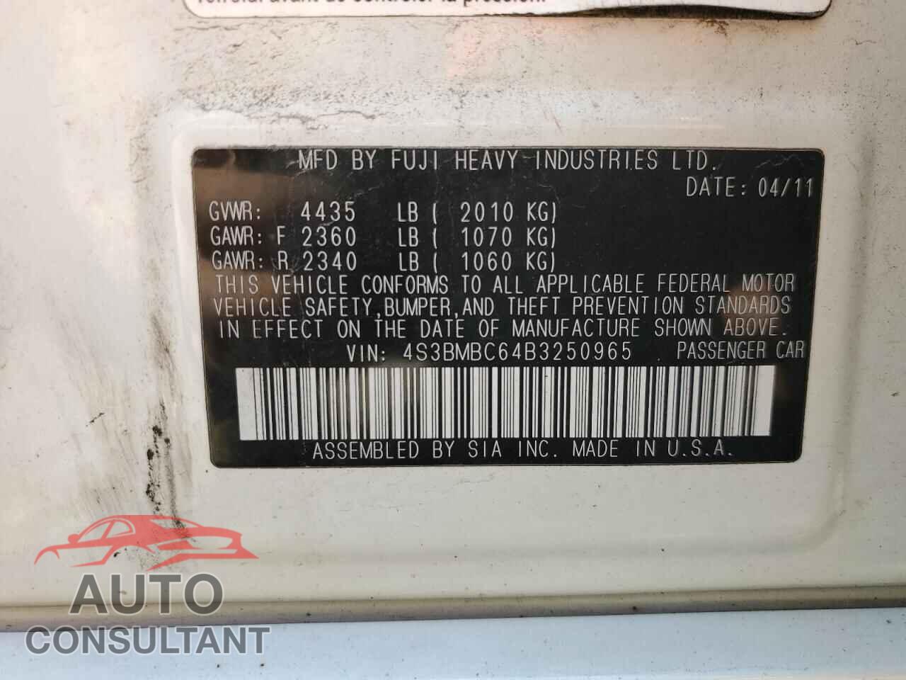 SUBARU LEGACY 2011 - 4S3BMBC64B3250965