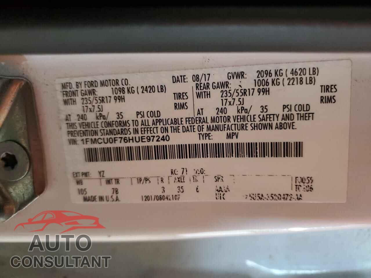 FORD ESCAPE 2017 - 1FMCU0F76HUE97240
