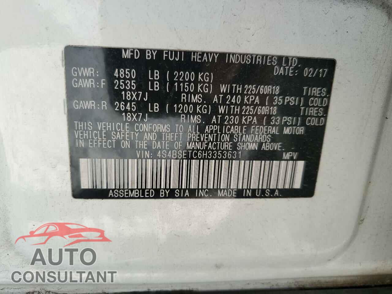 SUBARU OUTBACK 2017 - 4S4BSETC6H3353631