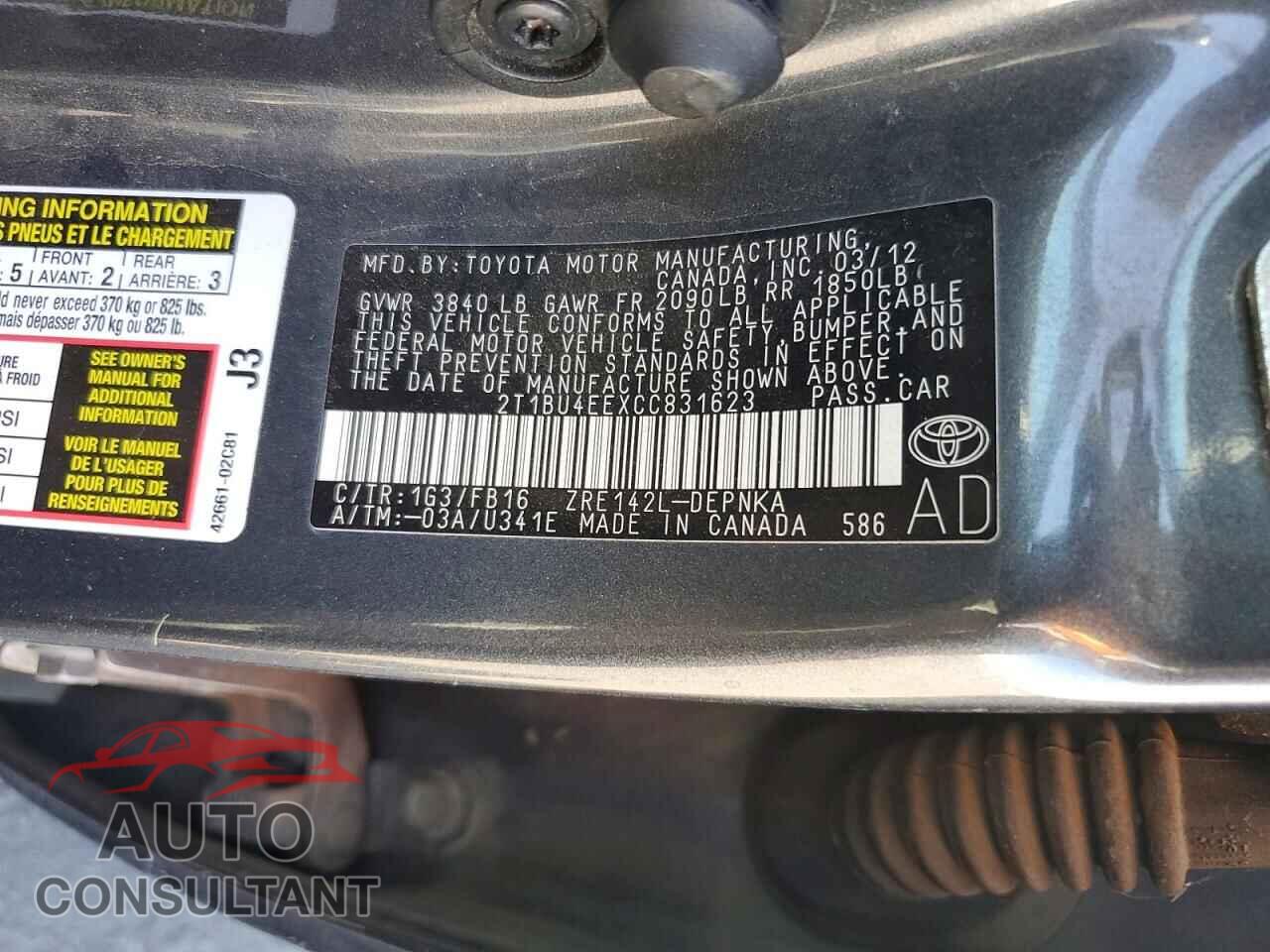 TOYOTA COROLLA 2012 - 2T1BU4EEXCC831623