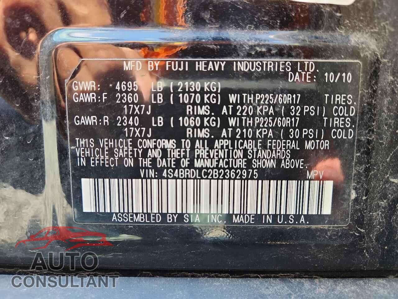 SUBARU OUTBACK 2011 - 4S4BRDLC2B2362975