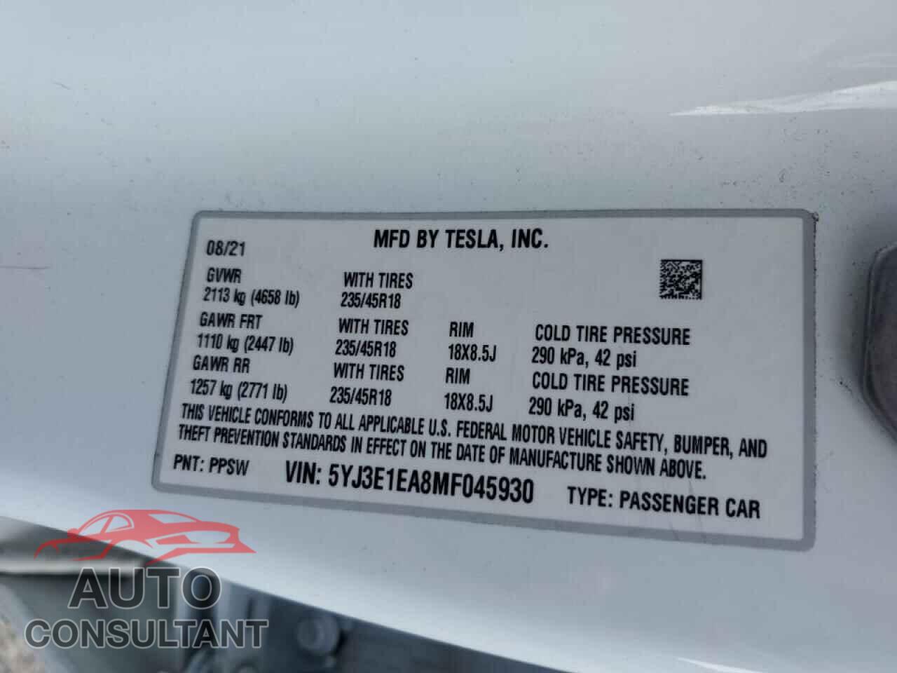 TESLA MODEL 3 2021 - 5YJ3E1EA8MF045930
