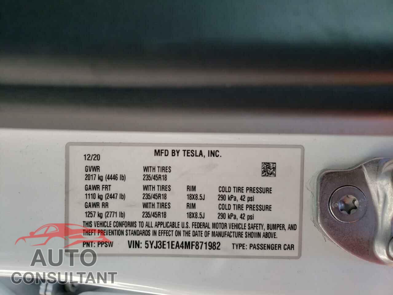 TESLA MODEL 3 2021 - 5YJ3E1EA4MF871982