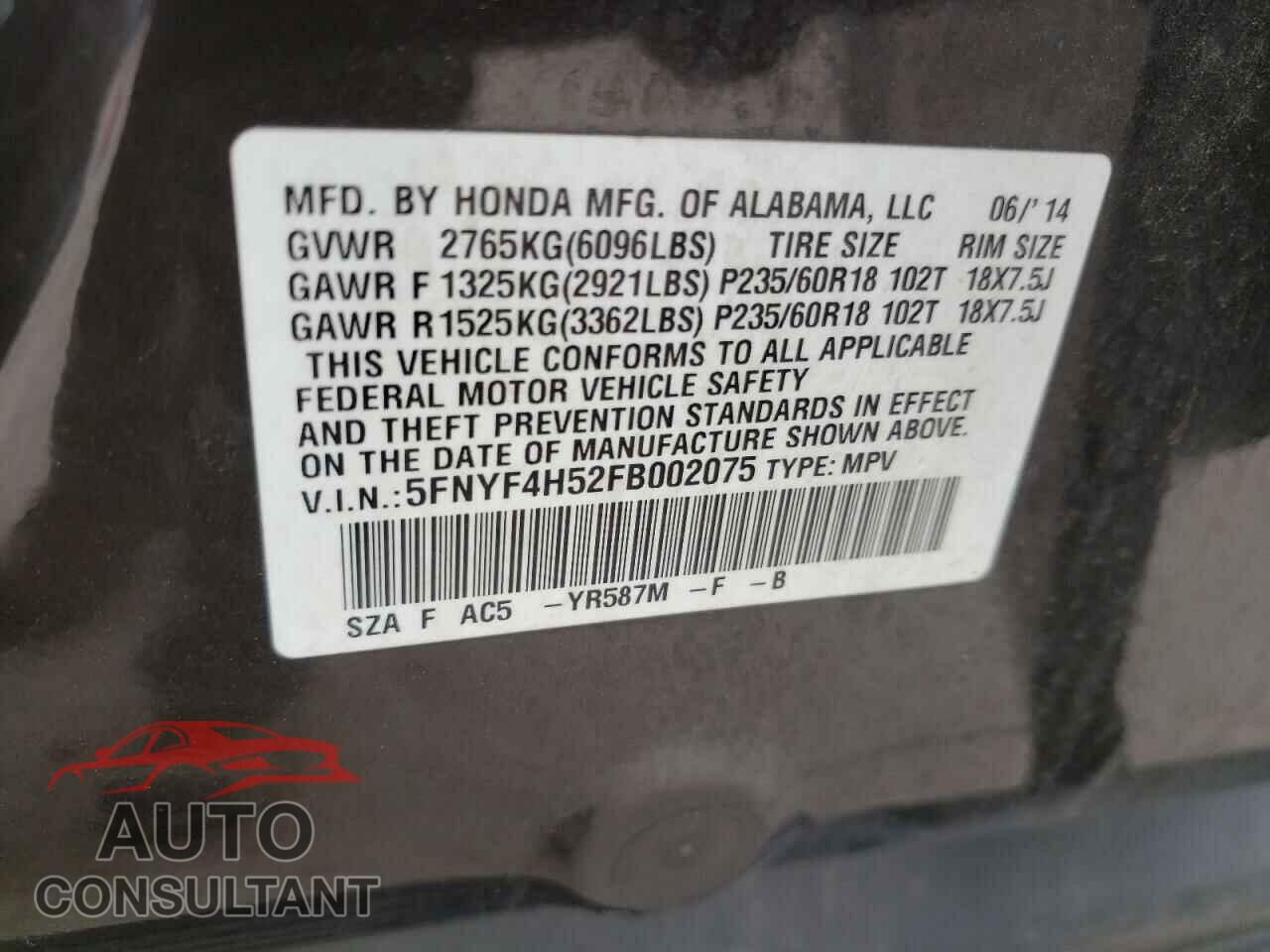 HONDA PILOT 2015 - 5FNYF4H52FB002075