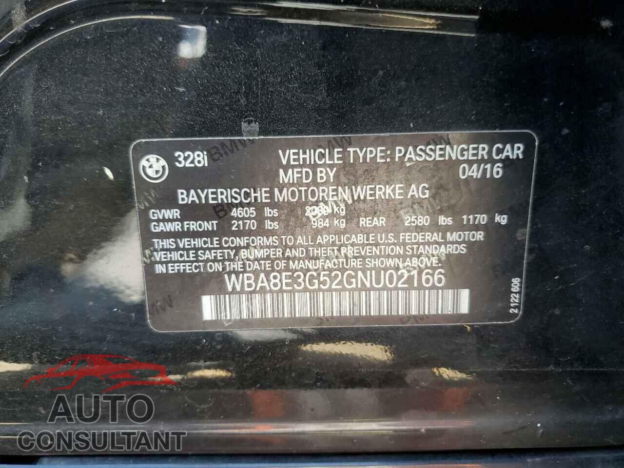 BMW 3 SERIES 2016 - WBA8E3G52GNU02166