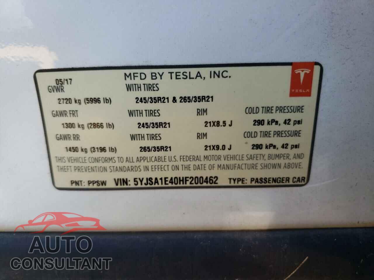 TESLA MODEL S 2017 - 5YJSA1E40HF200462