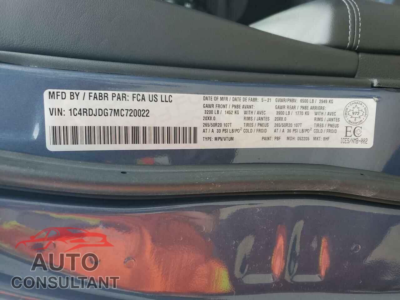 DODGE DURANGO 2021 - 1C4RDJDG7MC720022