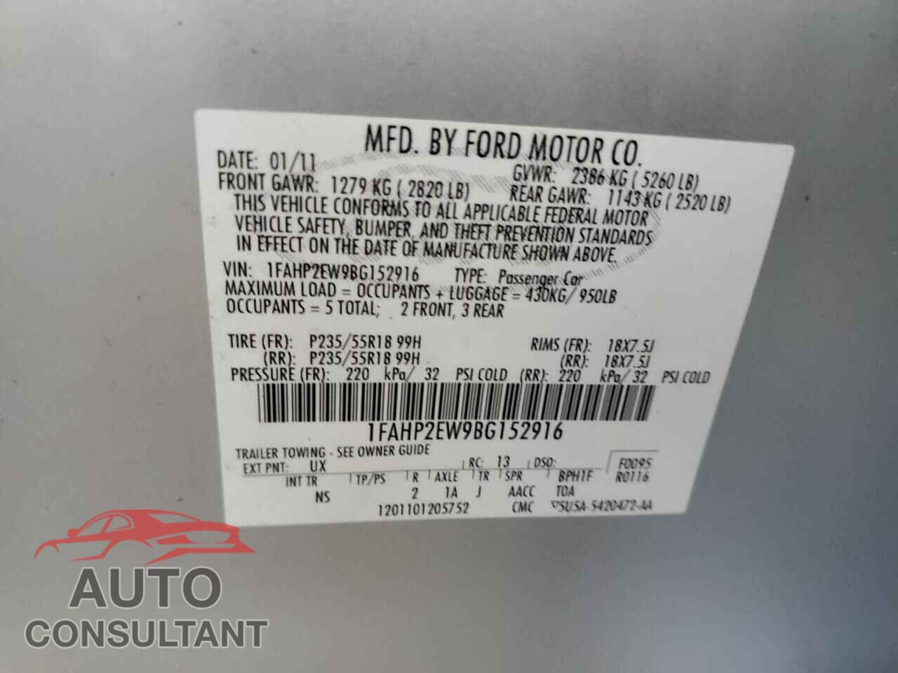 FORD TAURUS 2011 - 1FAHP2EW9BG152916