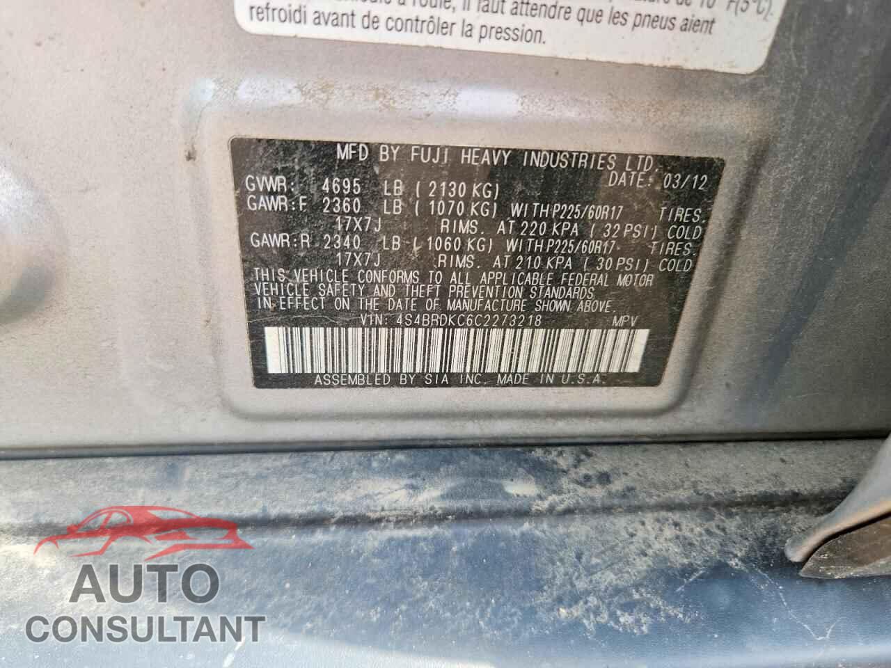 SUBARU OUTBACK 2012 - 4S4BRDKC6C2273218